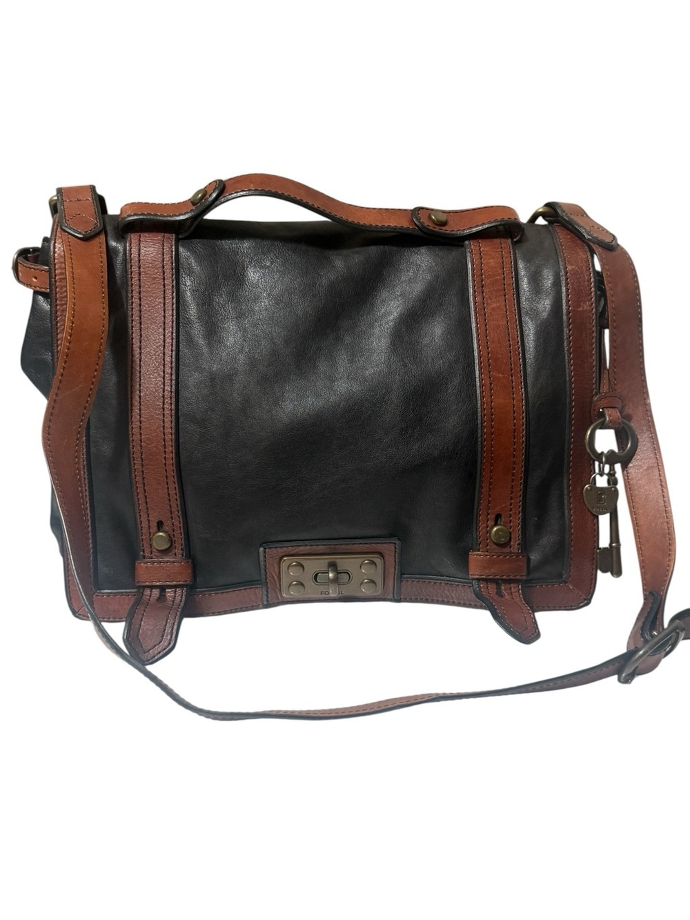 Fossil Black and Brown Leather Messenger Bag - Classic Men's Crossbody